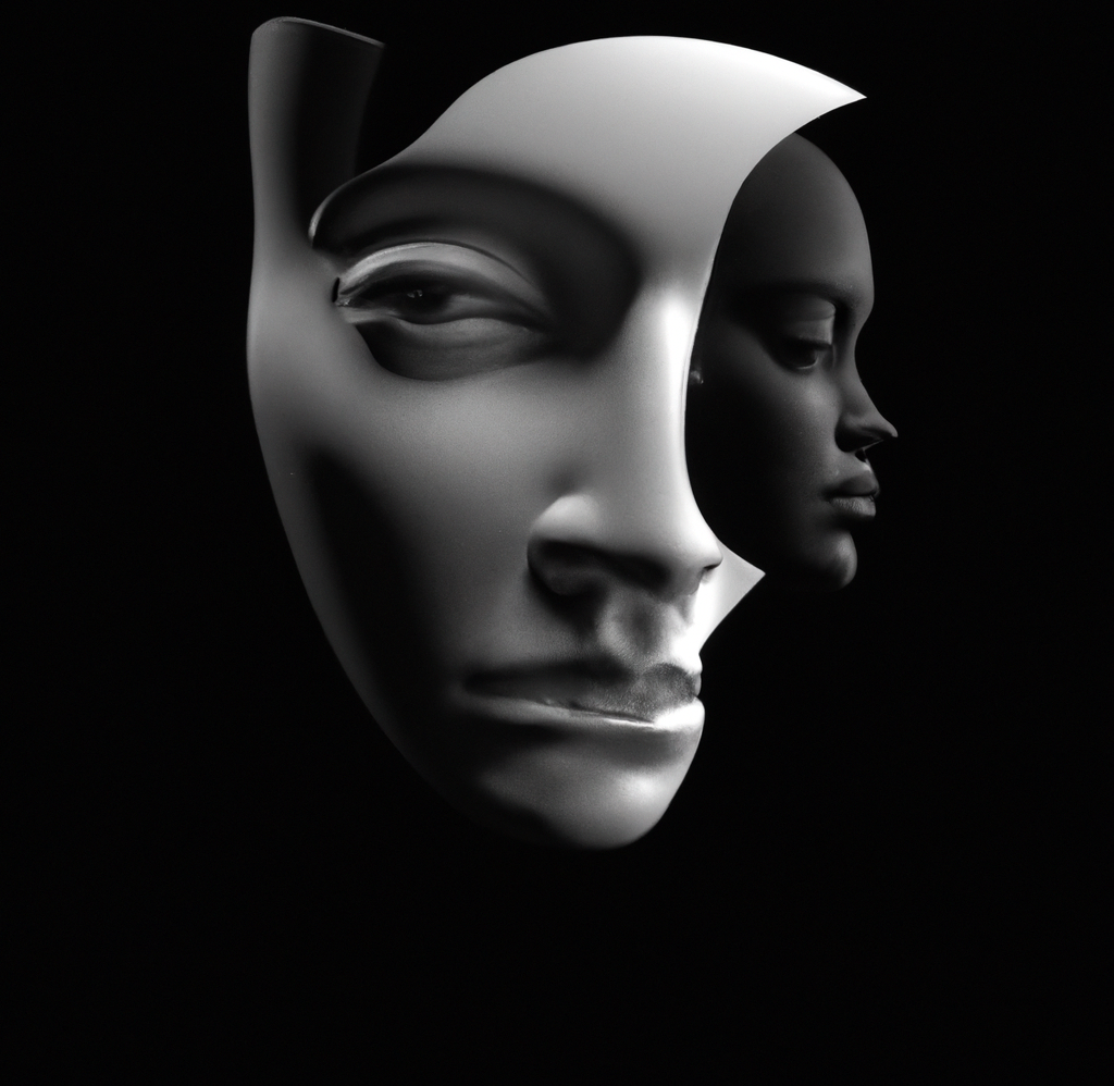 Picasso 3d render of deconstructed human face in black room, black and white art