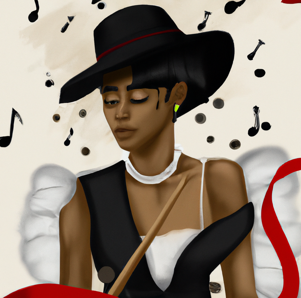 music notes surrounding black female musician, digital art